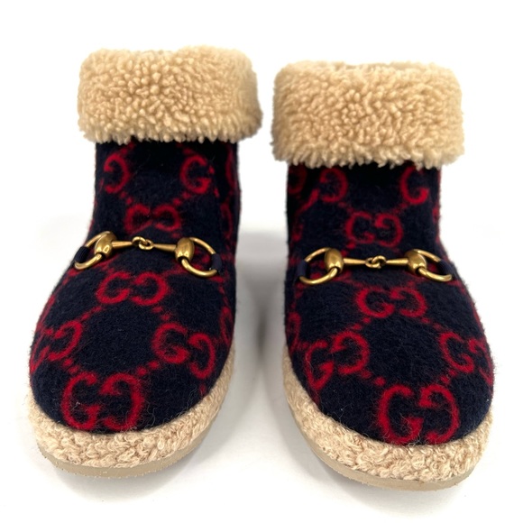 Gucci Fria Horsebit GG Logo Wool Shearling Fur Women Ankle Booties Size … - Picture 5 of 15
